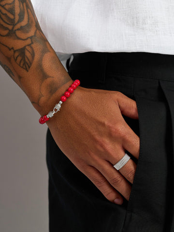 Nialaya Men's Beaded Bracelet Red Jade Healing Bracelet with Silver Lock Red Jade Healing Bracelet with Silver Lock